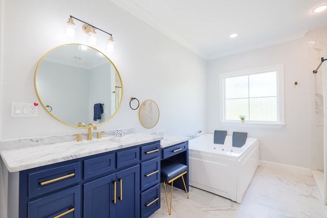 4310 Old Quitman Hwy, Valdosta, GA 31601 - bathroom featuring vanity, a bath, marble look tiles, a shower, and recessed lighting