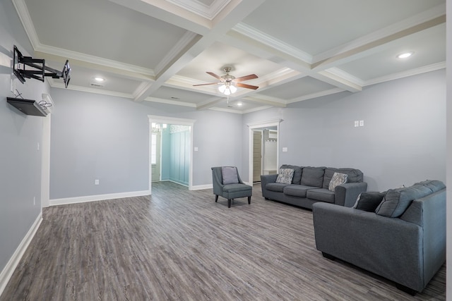 living area with wood finished floors, a ceiling fan, baseboards, coffered ceiling, and beamed ceiling