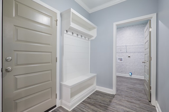 mudroom featuring baseboards, dark wood-style flooring, and ornamental molding