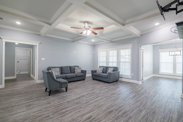 living area featuring beam ceiling, baseboards, and dark wood-style flooring