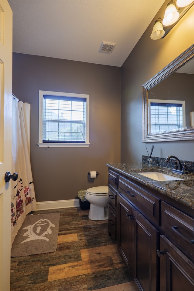 bathroom with vanity, toilet, and wood-type flooring