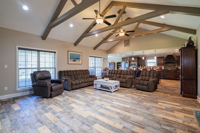 living room featuring beamed ceiling, ceiling fan, wood-type flooring, and high vaulted ceiling