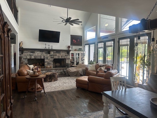 35 Tyler Rd, Naylor, GA 31641 - living area with a ceiling fan, a stone fireplace, wood finished floors, and high vaulted ceiling
