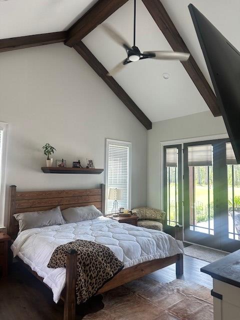 35 Tyler Rd, Naylor, GA 31641 - bedroom with high vaulted ceiling, access to exterior, beamed ceiling, and ceiling fan