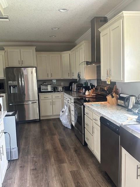 35 Tyler Rd, Naylor, GA 31641 - kitchen featuring appliances with stainless steel finishes, wall chimney range hood, ornamental molding, dark wood-style floors, and a textured ceiling