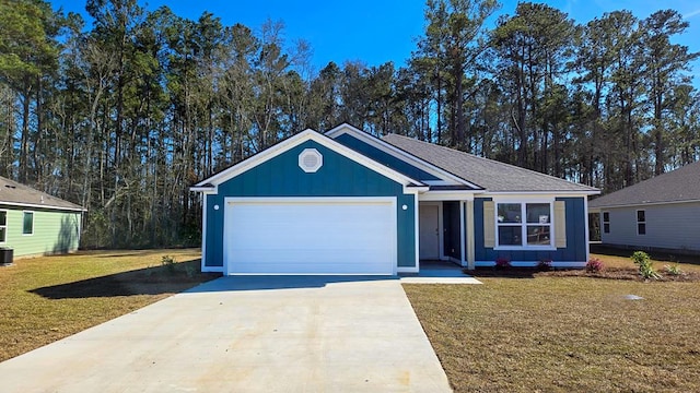 ranch-style house with central AC unit, concrete driveway, an attached garage, a front lawn, and board and batten siding