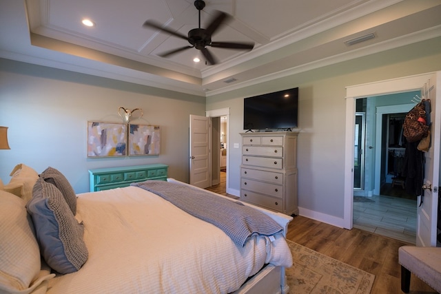 4809 Brown Cat Cir, Hahira, GA 31632 - bedroom featuring wood finished floors, ornamental molding, recessed lighting, coffered ceiling, and a ceiling fan