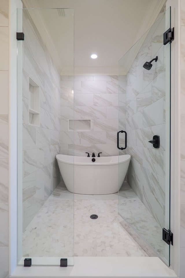 3376 Bemiss Knights Academy Rd, Valdosta, GA 31605 - full bath with a freestanding tub, crown molding, a stall shower, and recessed lighting