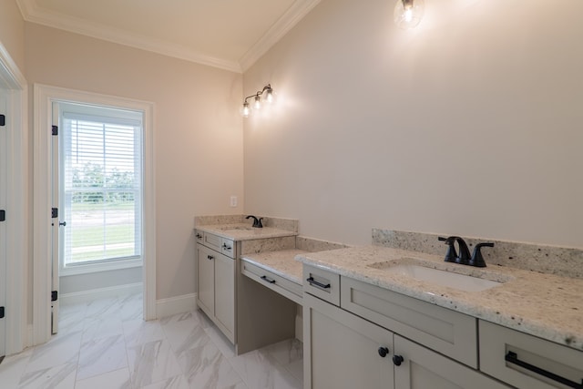 3376 Bemiss Knights Academy Rd, Valdosta, GA 31605 - bathroom featuring vanity, ornamental molding, and marble look tile flooring