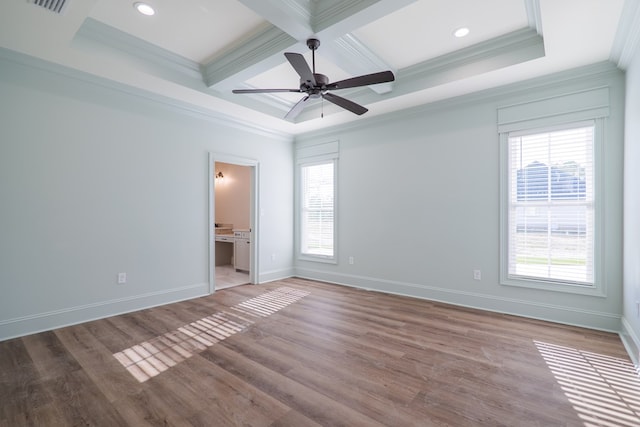 3376 Bemiss Knights Academy Rd, Valdosta, GA 31605 - unfurnished bedroom featuring multiple windows, crown molding, coffered ceiling, beamed ceiling, and wood finished floors