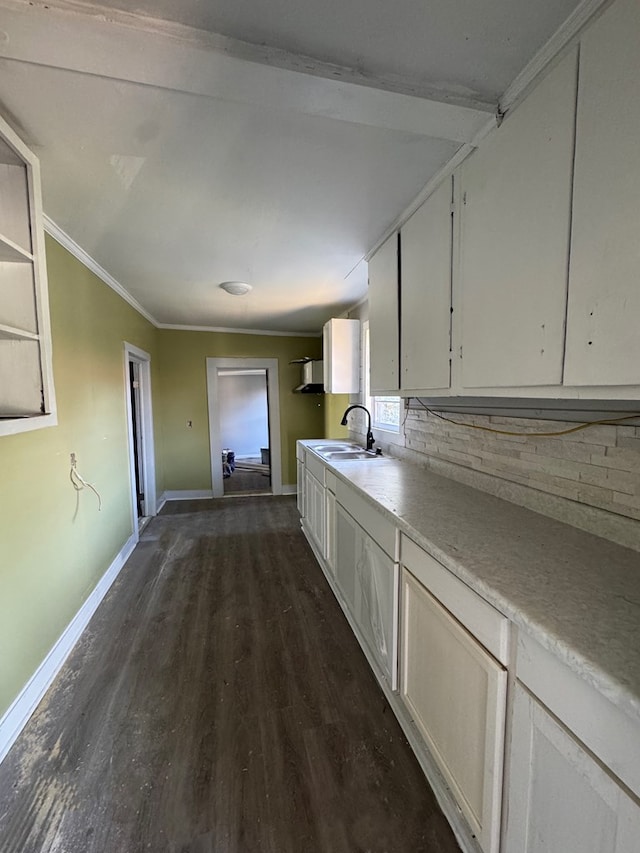 218 Teddy St, Thomasville, GA 31792 - kitchen featuring dark wood-style floors, baseboards, ornamental molding, a sink, and white cabinetry