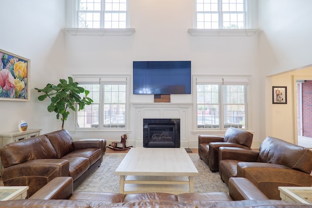 living room featuring plenty of natural light and a high ceiling