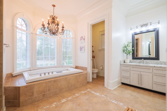 bathroom with vanity, crown molding, tiled bath, and toilet