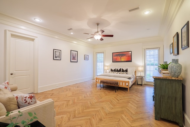 bedroom featuring ceiling fan, crown molding, and light parquet floors