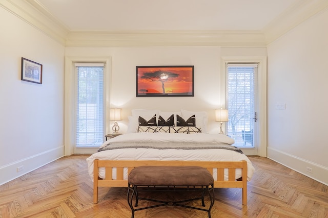 bedroom featuring multiple windows, light parquet flooring, and ornamental molding