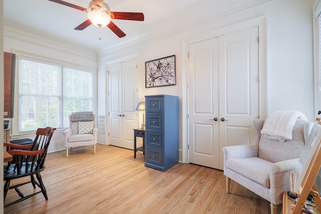 home office with light hardwood / wood-style flooring, ornamental molding, and ceiling fan