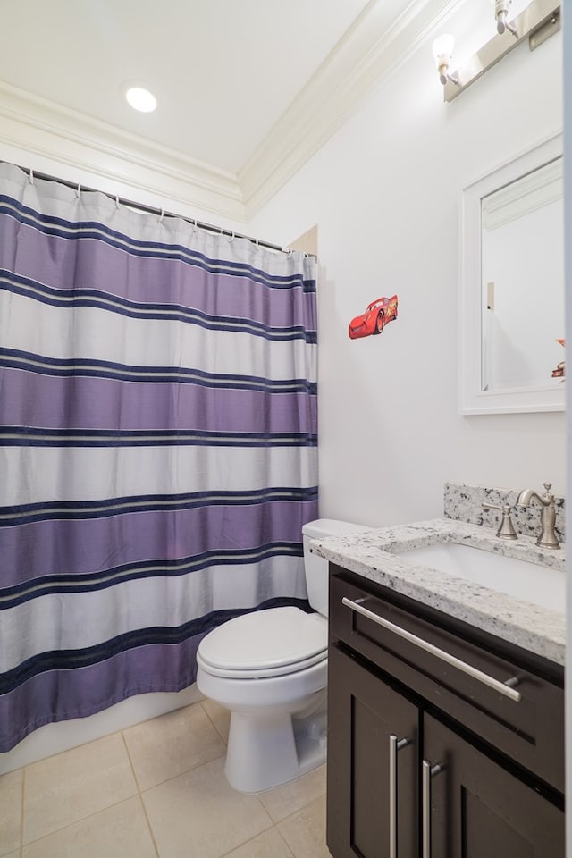 bathroom featuring toilet, a shower with curtain, ornamental molding, vanity, and tile patterned flooring