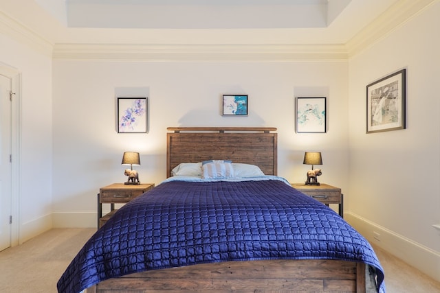 carpeted bedroom featuring ornamental molding