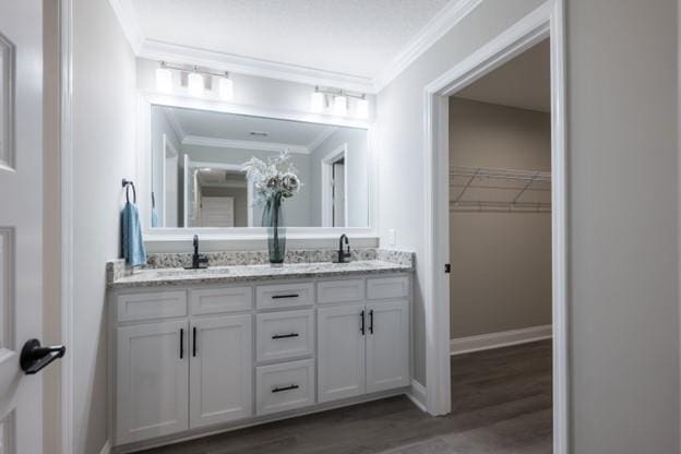 4639 Castle Pines Ln, Lake Park, GA 31636 - bathroom featuring crown molding, a sink, wood finished floors, and double vanity