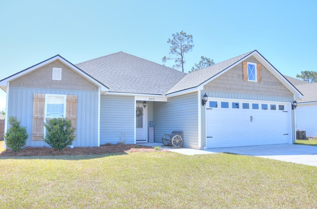 ranch-style house with a garage, concrete driveway, a front lawn, and a shingled roof