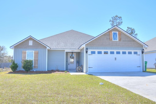 ranch-style house featuring board and batten siding, a front lawn, roof with shingles, driveway, and an attached garage