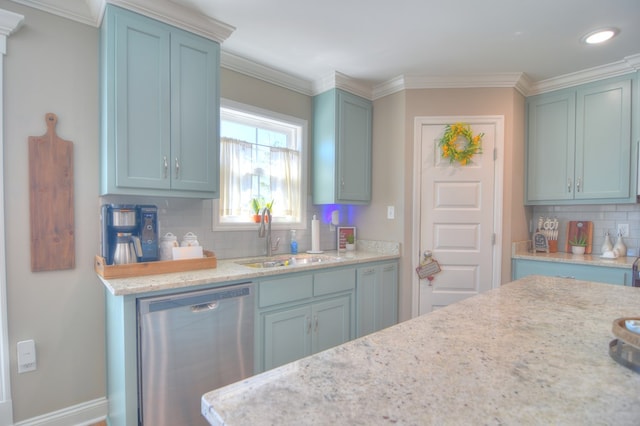 kitchen with dishwasher, crown molding, tasteful backsplash, and a sink