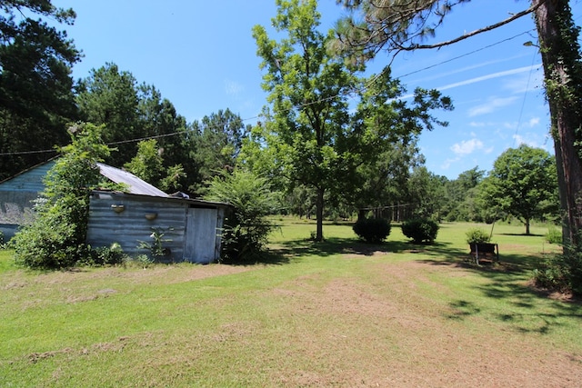 view of yard with a storage shed