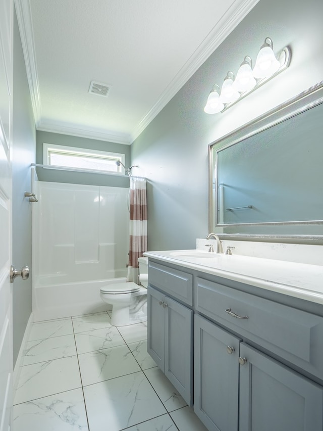 3956 Crusader Ct, Valdosta, GA 31605 - bathroom featuring crown molding, vanity, shower / tub combo, and marble look tiles