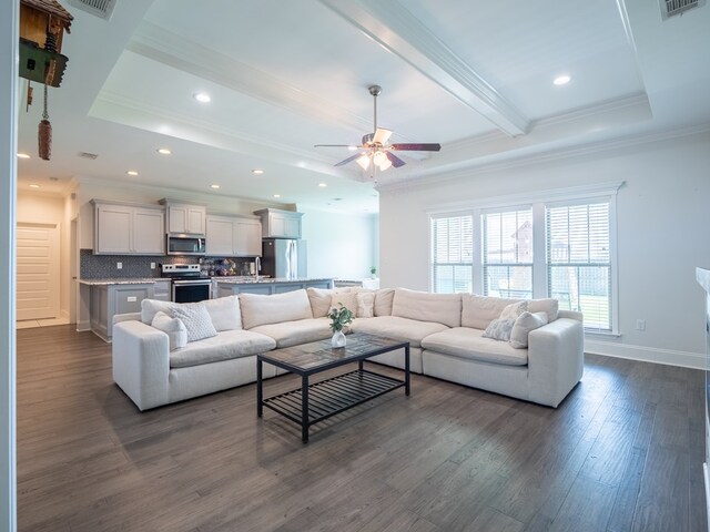 3956 Crusader Ct, Valdosta, GA 31605 - living area with ornamental molding, dark wood finished floors, a ceiling fan, and recessed lighting