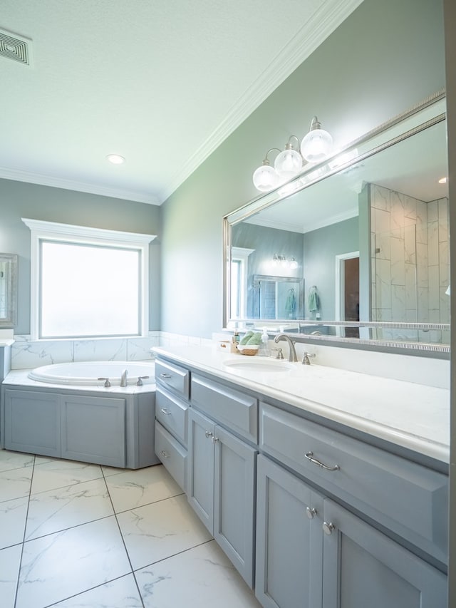3956 Crusader Ct, Valdosta, GA 31605 - bathroom featuring vanity, a garden tub, crown molding, marble finish floors, and a wainscoted wall