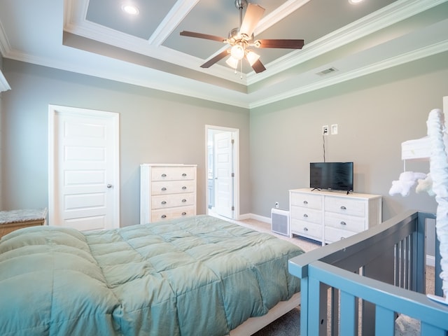 3956 Crusader Ct, Valdosta, GA 31605 - carpeted bedroom featuring crown molding, a tray ceiling, ceiling fan, and recessed lighting