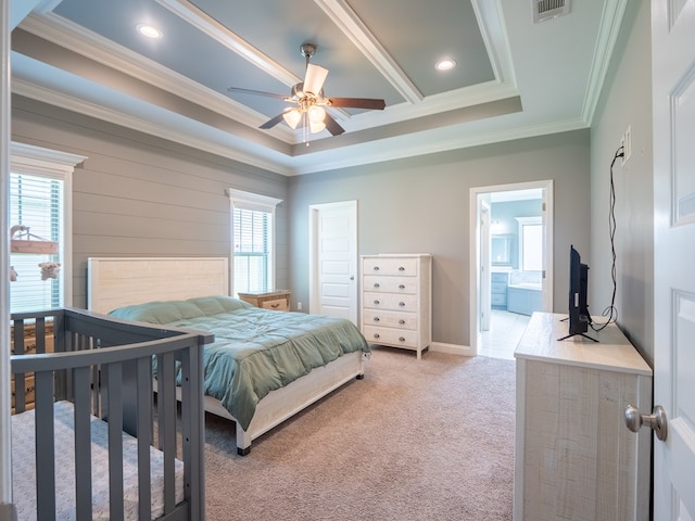 3956 Crusader Ct, Valdosta, GA 31605 - bedroom with ornamental molding, light carpet, recessed lighting, and ensuite bath