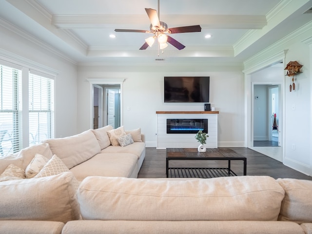 3956 Crusader Ct, Valdosta, GA 31605 - living area with dark wood-type flooring, a glass covered fireplace, ceiling fan, ornamental molding, and recessed lighting