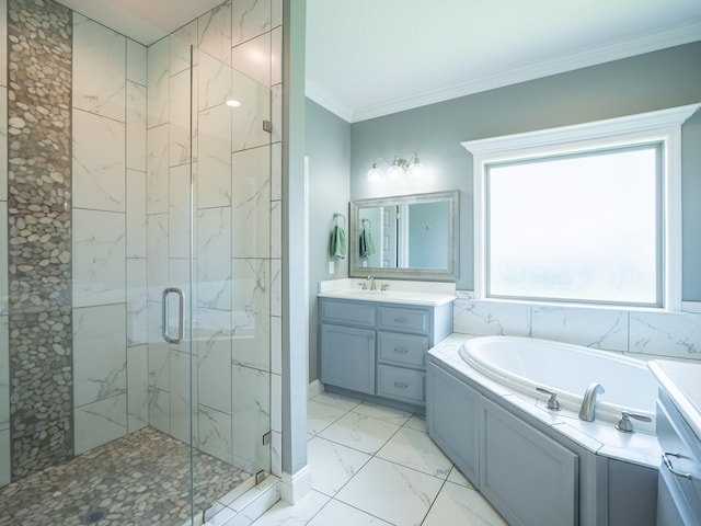 3956 Crusader Ct, Valdosta, GA 31605 - full bath with marble look tile flooring, a marble finish shower, vanity, a bath, and crown molding