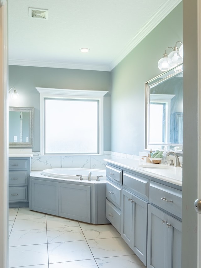 3956 Crusader Ct, Valdosta, GA 31605 - bathroom with marble look tile flooring, vanity, healthy amount of natural light, a bath, and ornamental molding