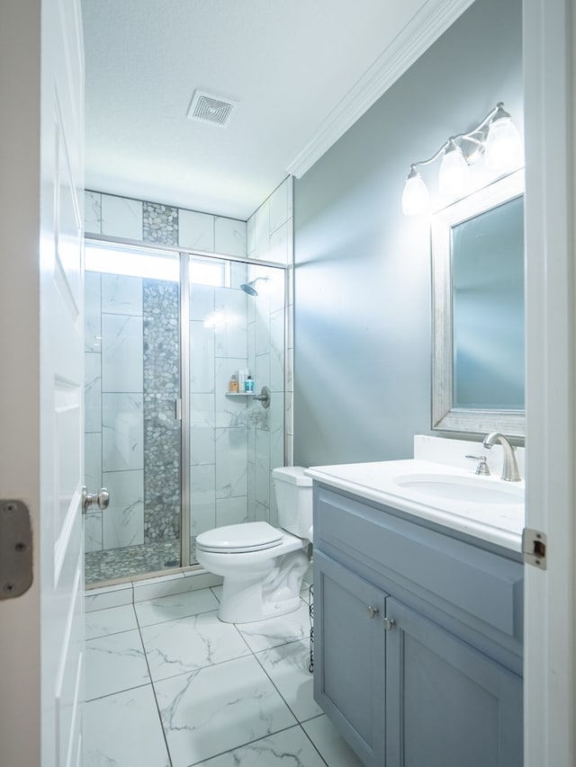 3956 Crusader Ct, Valdosta, GA 31605 - bathroom with vanity, a shower stall, marble finish flooring, and crown molding