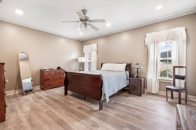 561 Sevilla Spring Cir, Lake Park, GA 31636 - bedroom featuring baseboards, light wood-style floors, crown molding, recessed lighting, and a ceiling fan