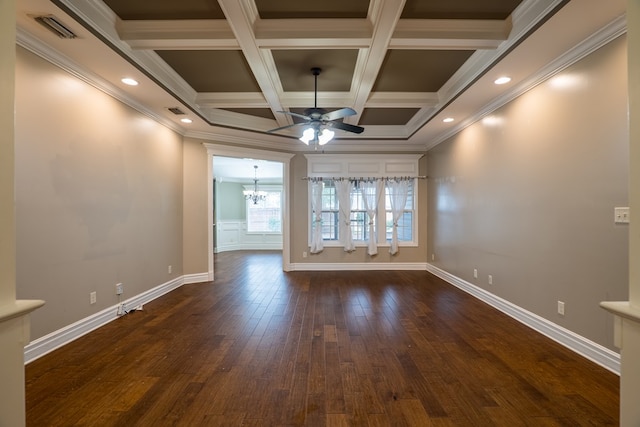 empty room featuring dark hardwood / wood-style floors, ornamental molding, coffered ceiling, and ceiling fan with notable chandelier