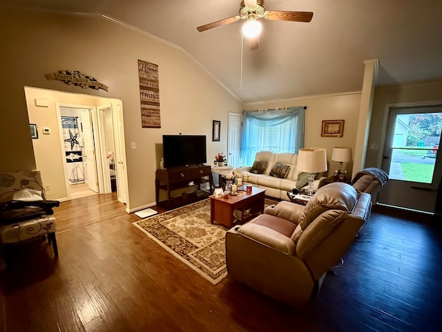 325 Jennifer Cir, Valdosta, GA 31605 - living room featuring vaulted ceiling, ceiling fan, crown molding, and wood finished floors