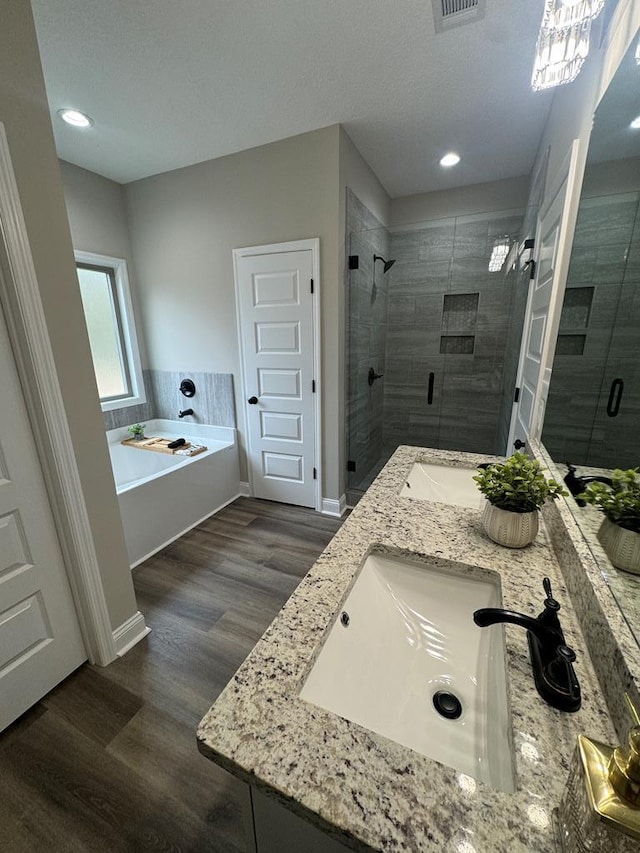 bathroom featuring plus walk in shower, hardwood / wood-style flooring, and vanity