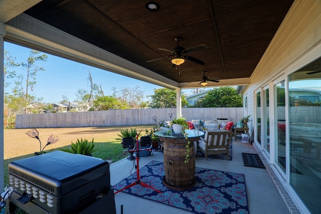 view of patio / terrace featuring ceiling fan and an outdoor hangout area