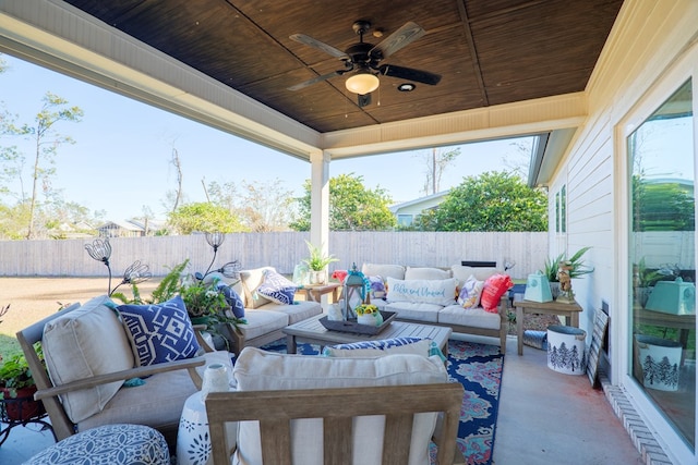 view of patio / terrace with ceiling fan and an outdoor hangout area