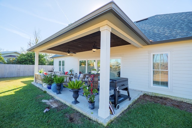 view of patio / terrace featuring ceiling fan and an outdoor hangout area