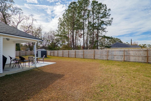 view of yard with a patio and a storage shed