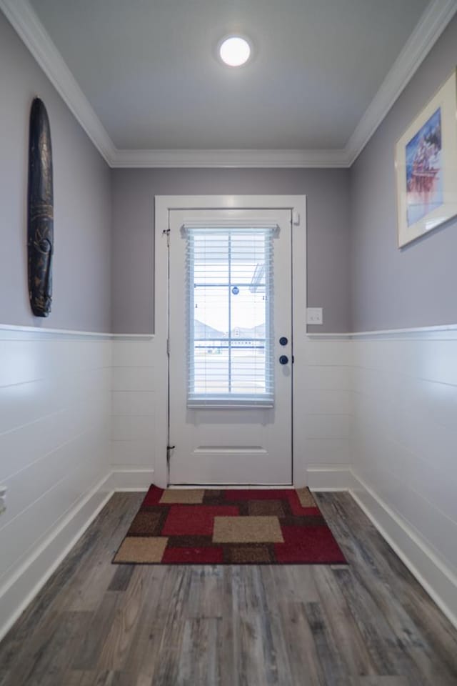 entryway featuring dark wood-type flooring and crown molding