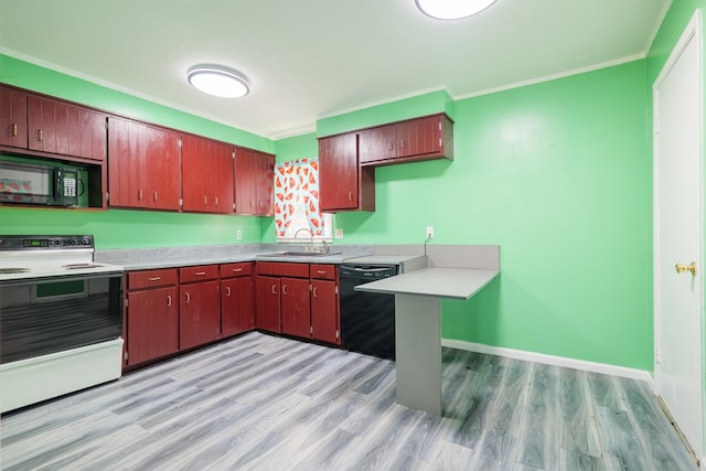 5209 Sequani Cir, Lake Park, GA 31636 - kitchen featuring black appliances, red cabinets, light wood finished floors, ornamental molding, and light countertops