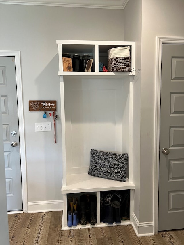 mudroom featuring wood-type flooring and ornamental molding