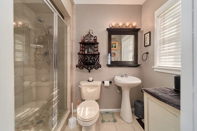 bathroom featuring toilet, tile patterned flooring, and a shower with door