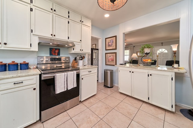 kitchen featuring white cabinetry, stainless steel electric stove, and light tile patterned flooring