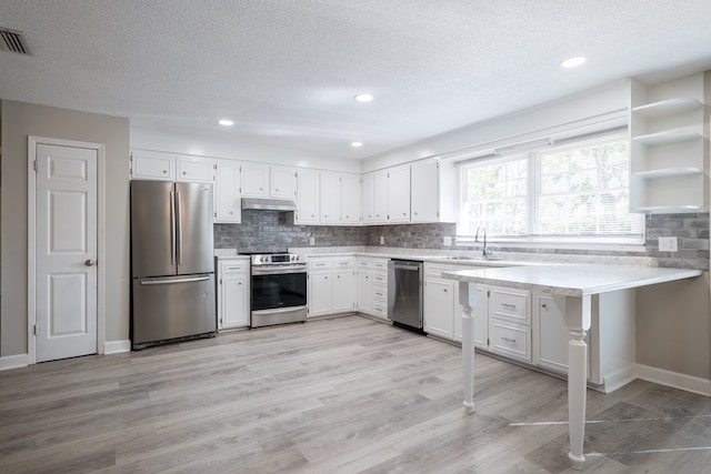 kitchen featuring white cabinetry, sink, stainless steel appliances, tasteful backsplash, and light hardwood / wood-style flooring